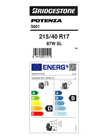215/40 R17 TL 87W POTENZA S001 XL AO 