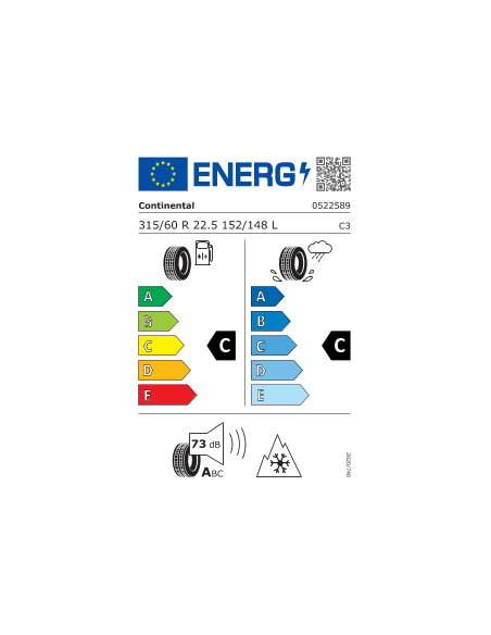 315/60 R22.5 152/148 L Continental Conti Hybrid Hd3 M+s 3pmsf (tl)